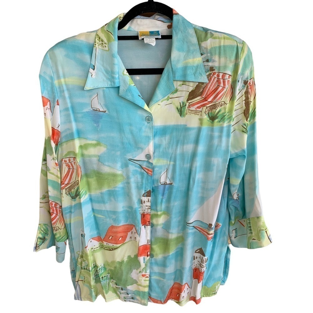 American Vintage Aqua Nautical Print Button-Up Blouse with Coral Accents